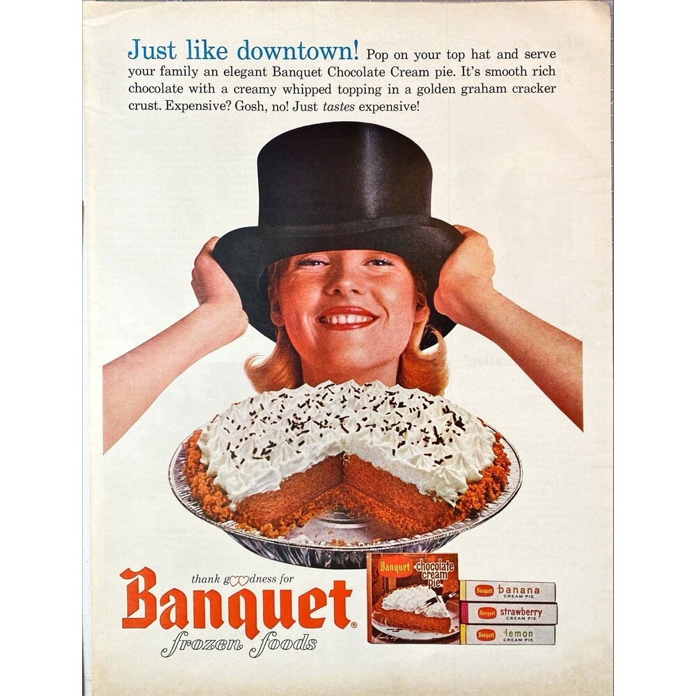 Banquet Frozen Chocolate Cream Pie "Just Like Downtown!"  Vintage Print Ad 1964